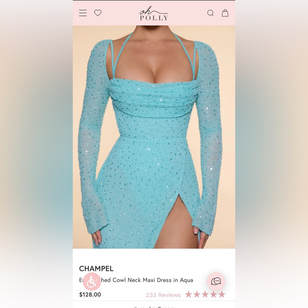 Oh Polly Champel. Embellished Cowl Neck Maxi Dress in Aqua US 8